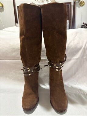 ANTONIO MELANI Brown Suede Knee Boots with Studded Wrap Straps
